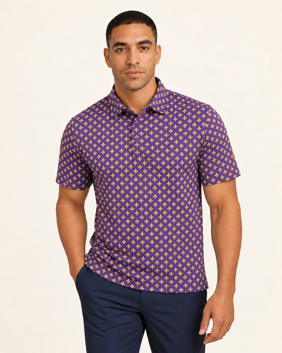 Bourbon St. - The Fleur Play - Micro Print Performance Polo | Purple & Gold