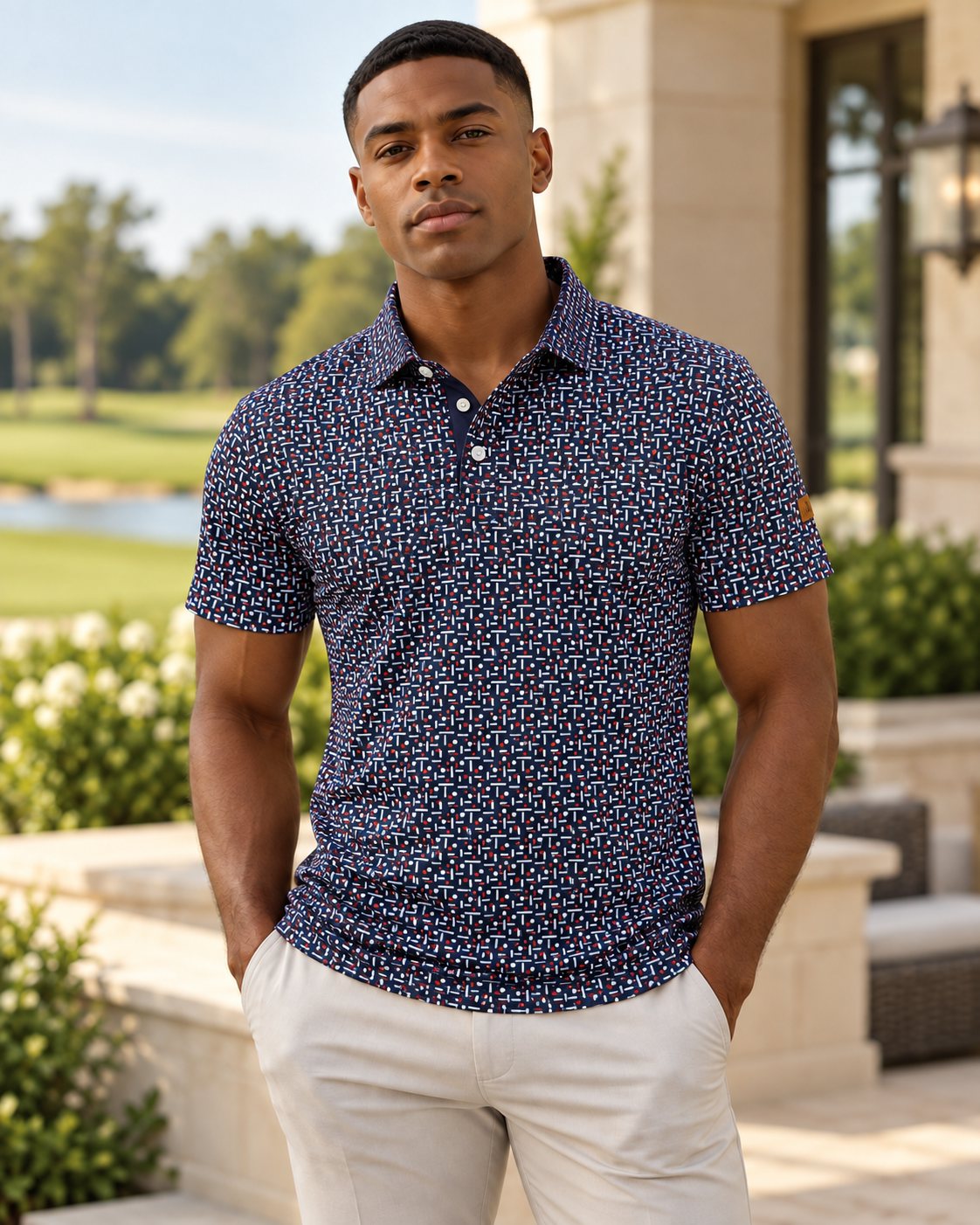 Confetti - The Tee Party - Micro Print Performance Polo | Navy, Red & White