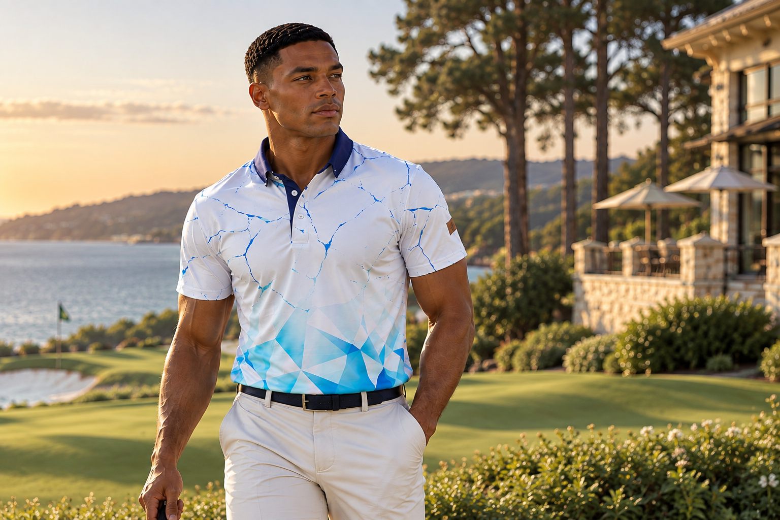 Golfer in the KaBoom Glacier polo on a coastal course at sunset